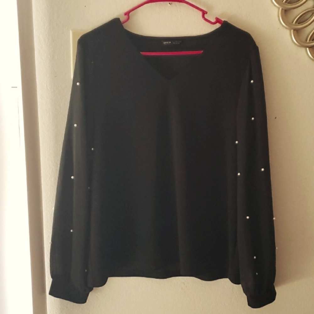Black Blouse Large with Faux Pearls on Sleeves Shein